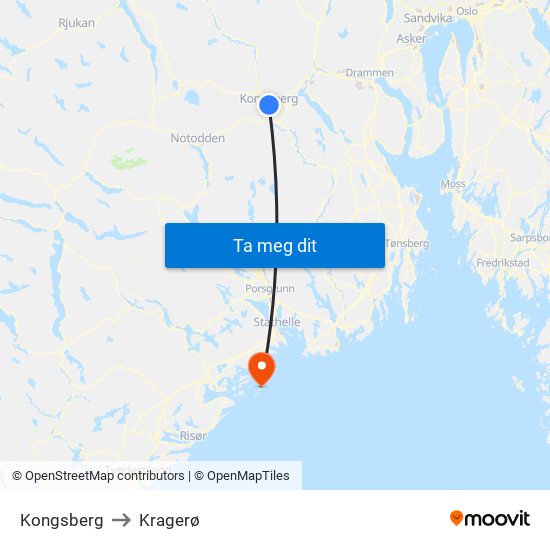 Kongsberg to Kragerø map