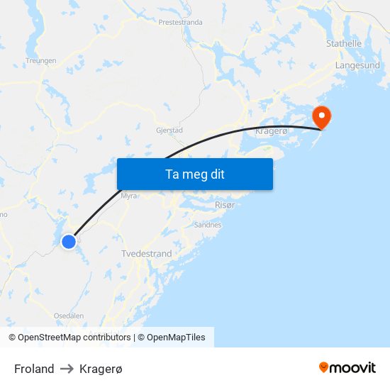 Froland to Kragerø map