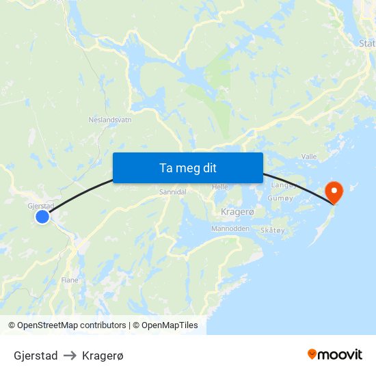 Gjerstad to Kragerø map