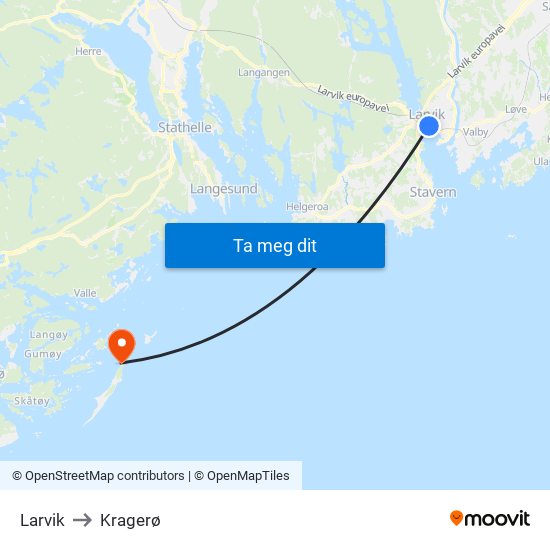 Larvik to Kragerø map