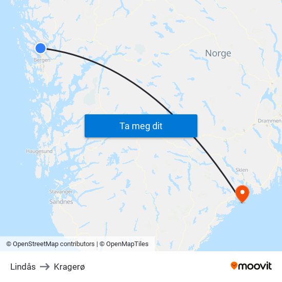 Lindås to Kragerø map
