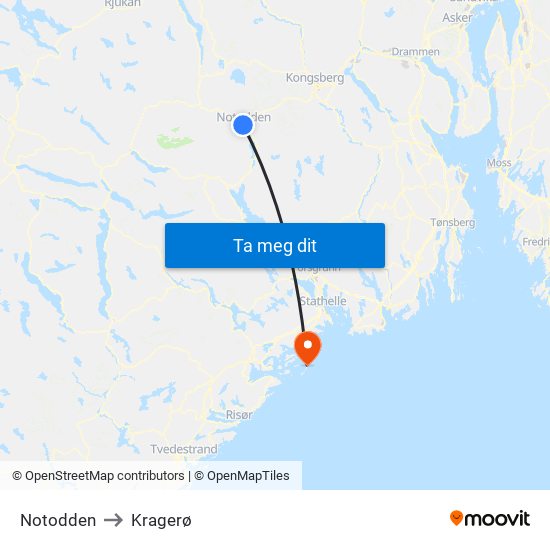 Notodden to Kragerø map