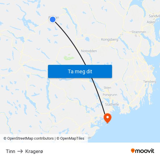 Tinn to Kragerø map