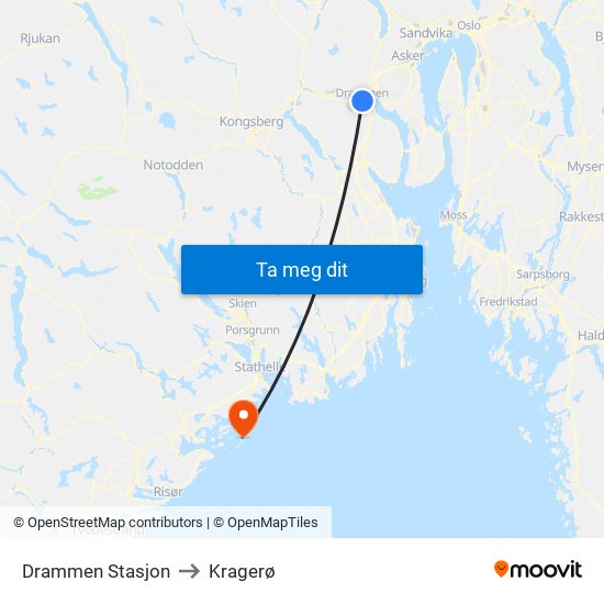 Drammen Stasjon to Kragerø map