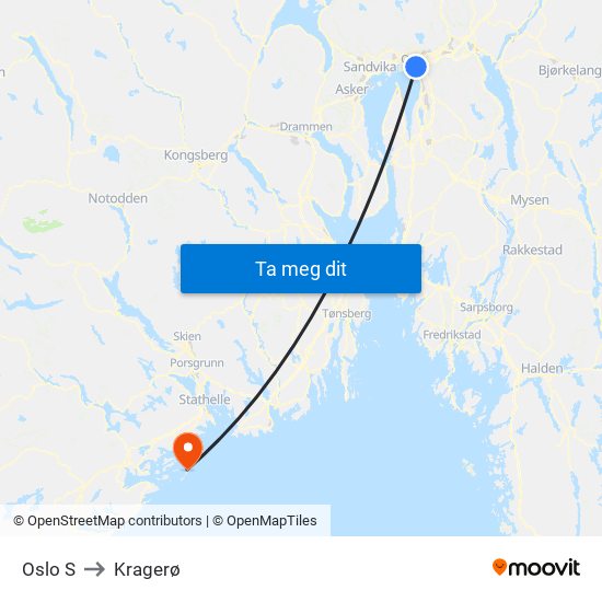 Oslo S to Kragerø map