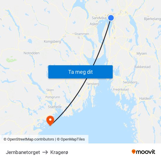 Jernbanetorget to Kragerø map