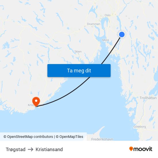 Trøgstad to Kristiansand map