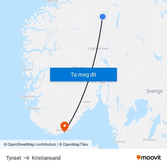 Tynset to Kristiansand map