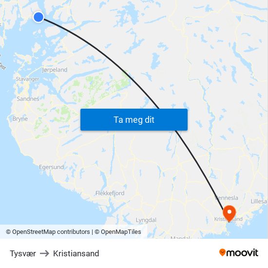 Tysvær to Kristiansand map