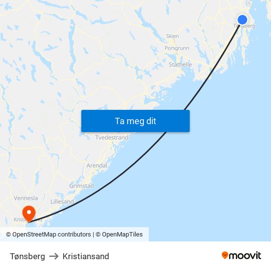 Tønsberg to Kristiansand map