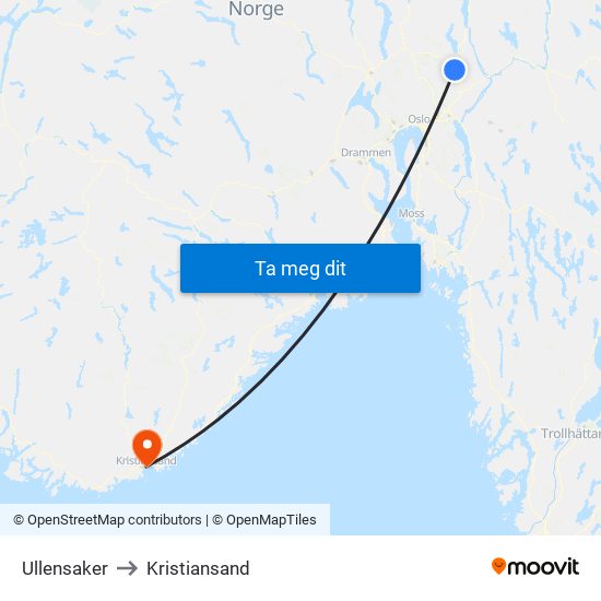 Ullensaker to Kristiansand map