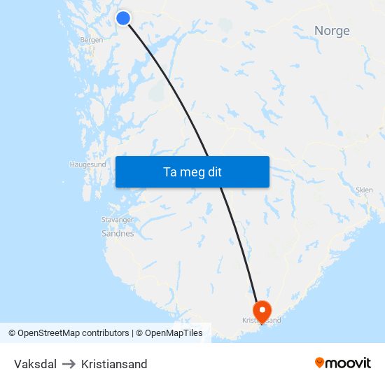 Vaksdal to Kristiansand map