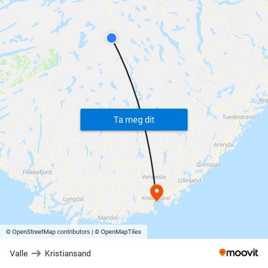 Valle to Kristiansand map