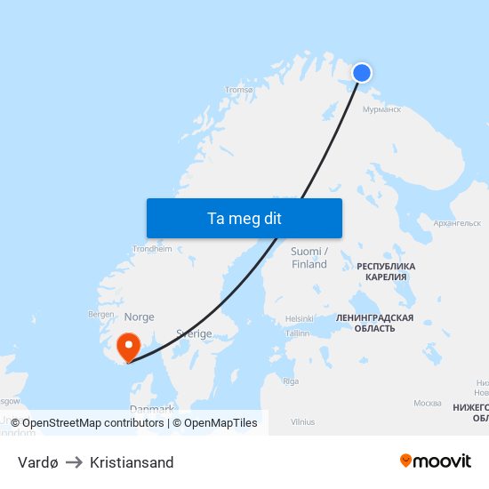 Vardø to Kristiansand map