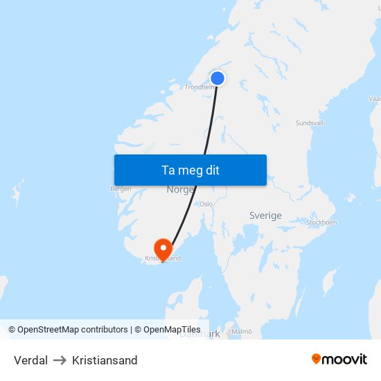 Verdal to Kristiansand map
