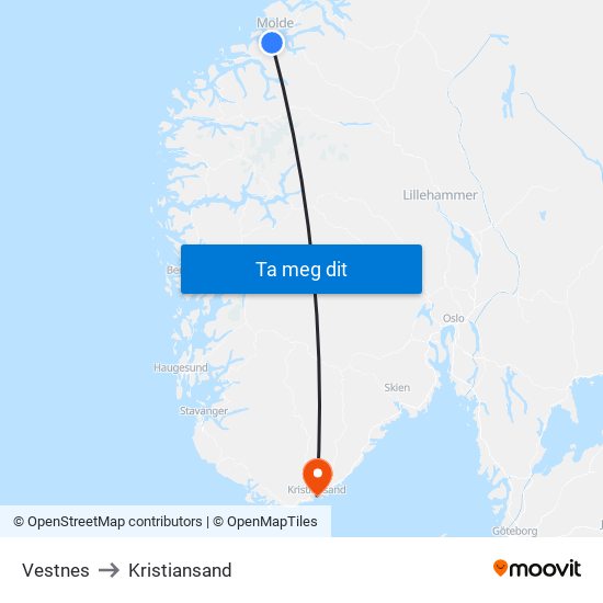 Vestnes to Kristiansand map