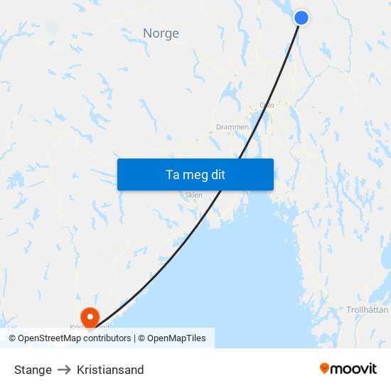 Stange to Kristiansand map