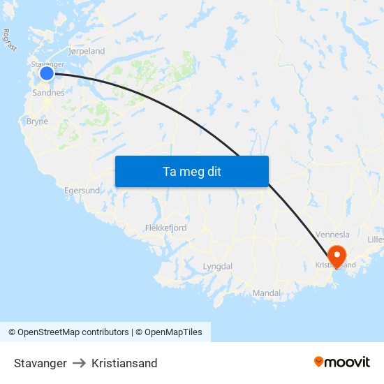 Stavanger to Kristiansand map