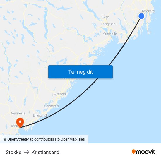 Stokke to Kristiansand map