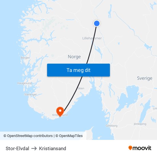 Stor-Elvdal to Kristiansand map