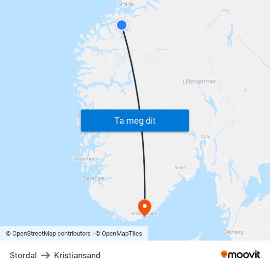 Stordal to Kristiansand map