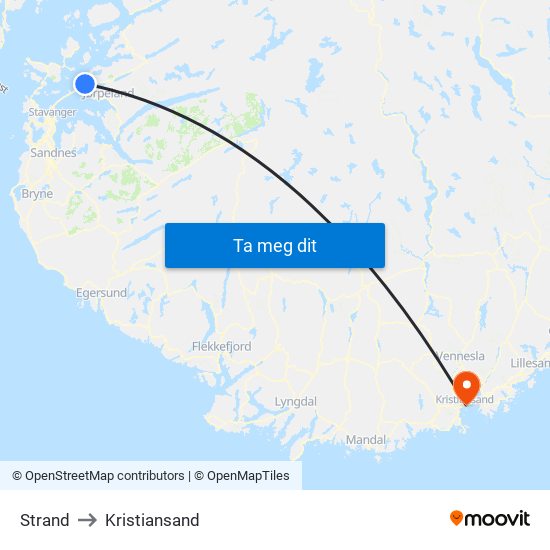Strand to Kristiansand map