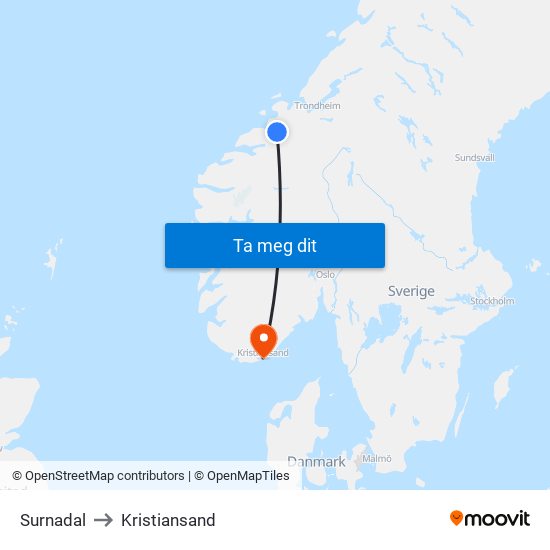 Surnadal to Kristiansand map