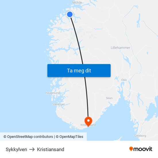 Sykkylven to Kristiansand map