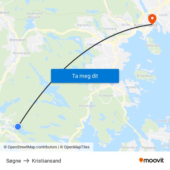 Søgne to Kristiansand map