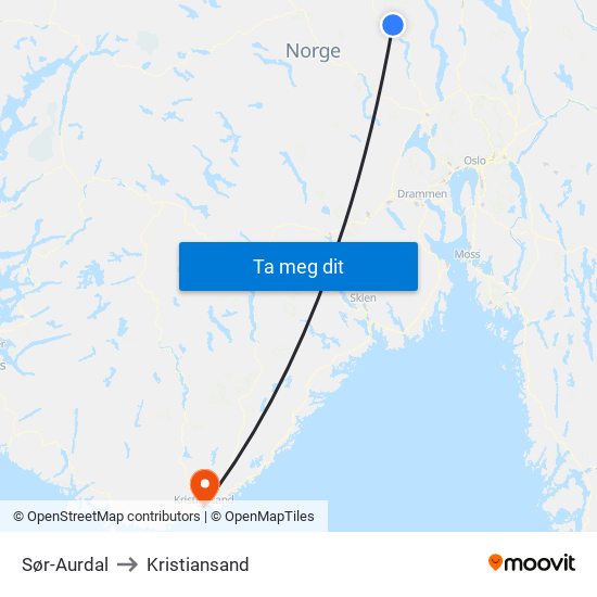 Sør-Aurdal to Kristiansand map