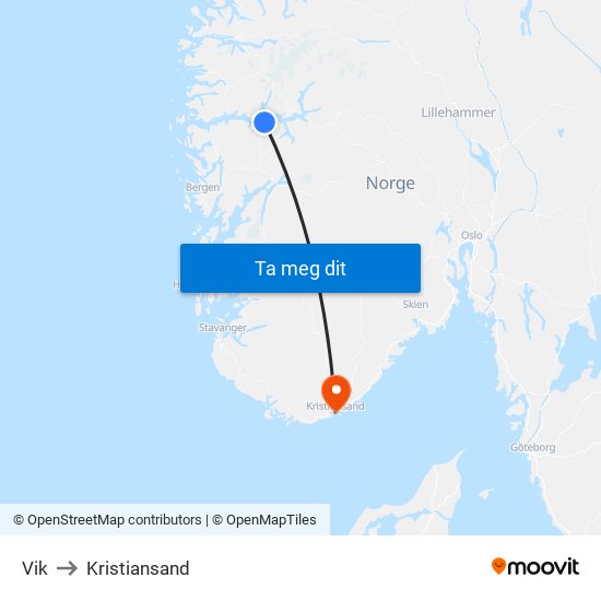 Vik to Kristiansand map