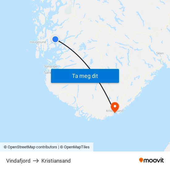 Vindafjord to Kristiansand map