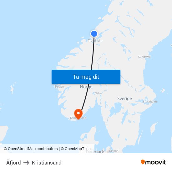 Åfjord to Kristiansand map
