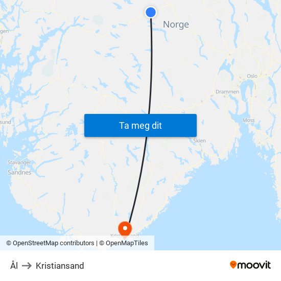 Ål to Kristiansand map