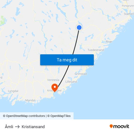Åmli to Kristiansand map