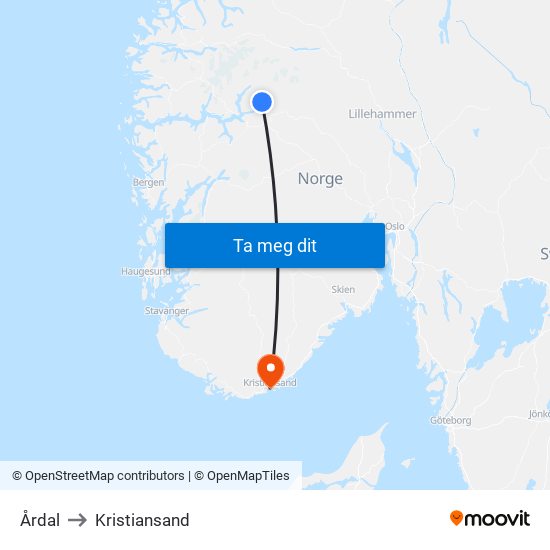 Årdal to Kristiansand map