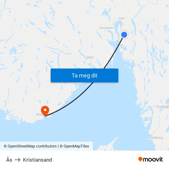 Ås to Kristiansand map