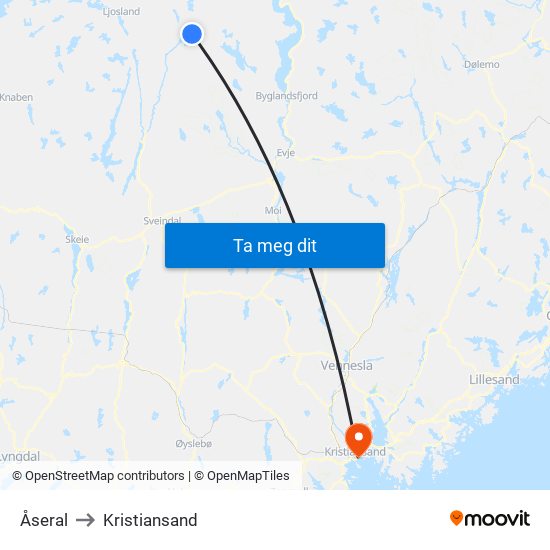 Åseral to Kristiansand map