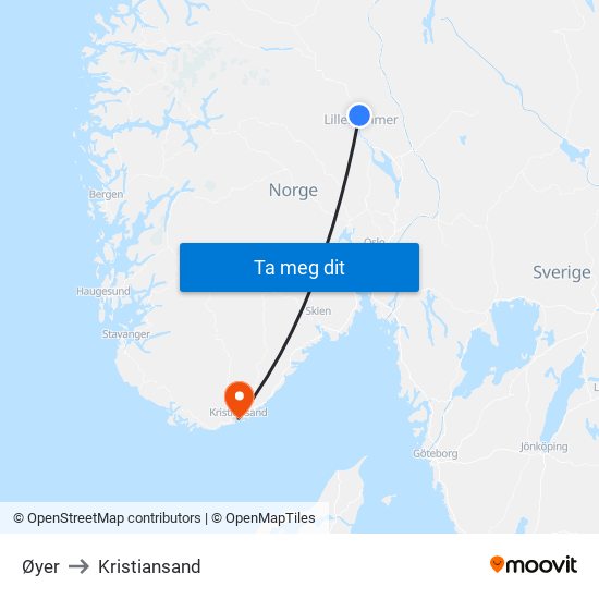 Øyer to Kristiansand map