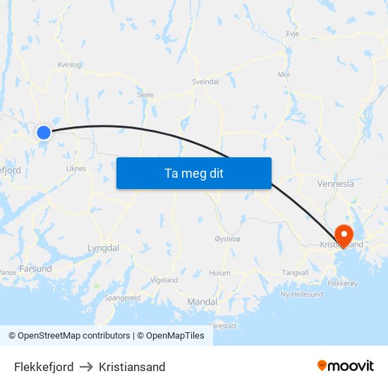 Flekkefjord to Kristiansand map