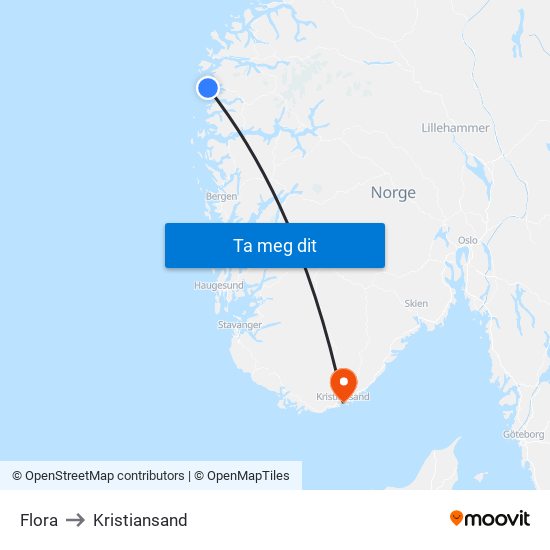 Flora to Kristiansand map