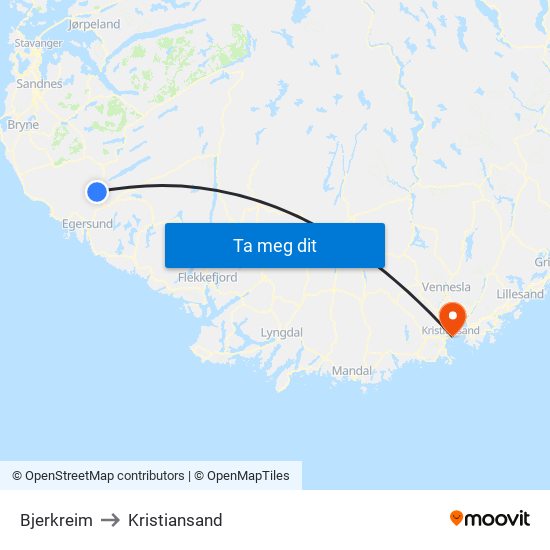 Bjerkreim to Kristiansand map