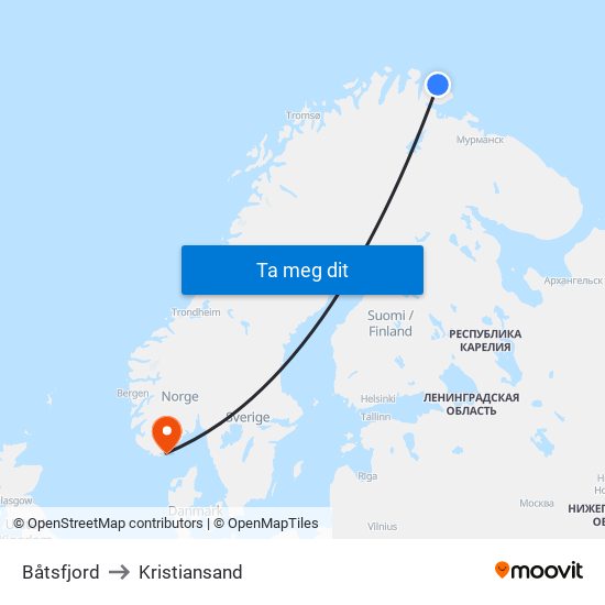 Båtsfjord to Kristiansand map