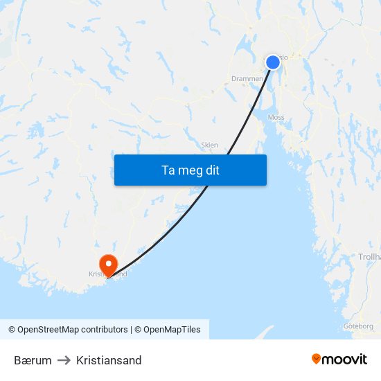 Bærum to Kristiansand map
