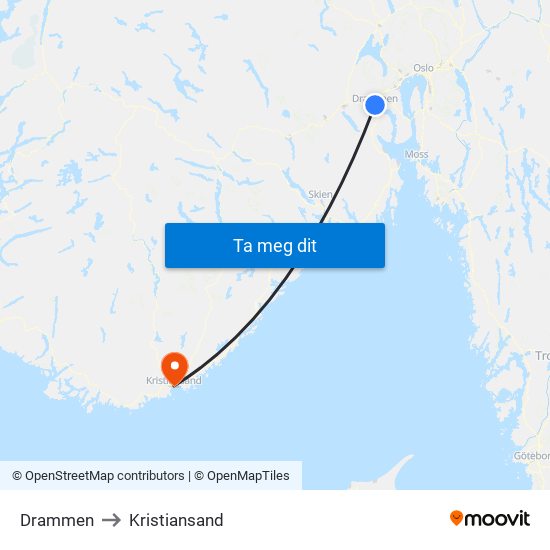 Drammen to Kristiansand map