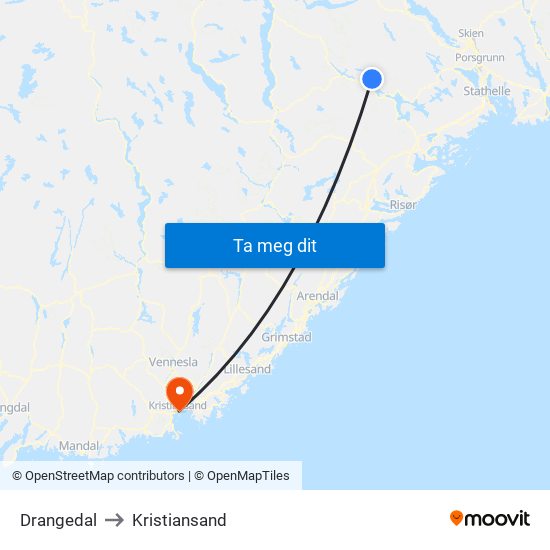 Drangedal to Kristiansand map