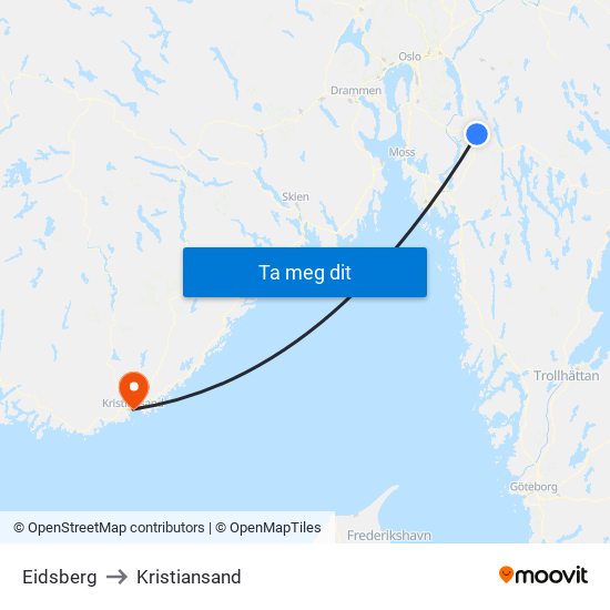 Eidsberg to Kristiansand map