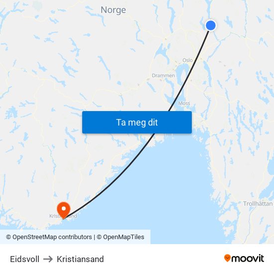 Eidsvoll to Kristiansand map