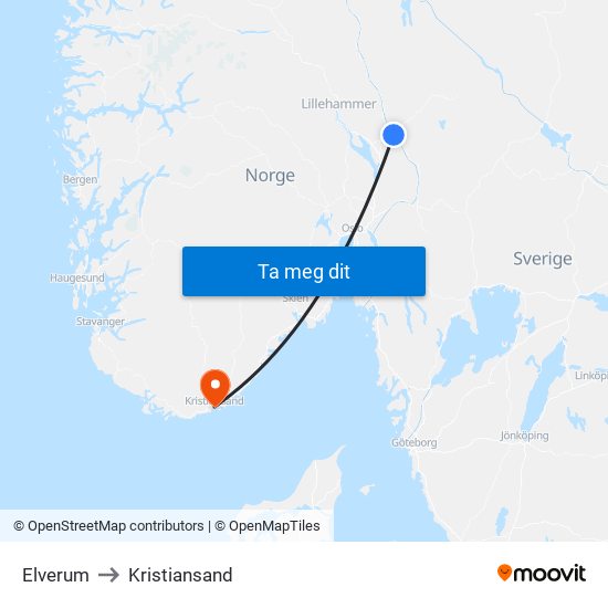 Elverum to Kristiansand map