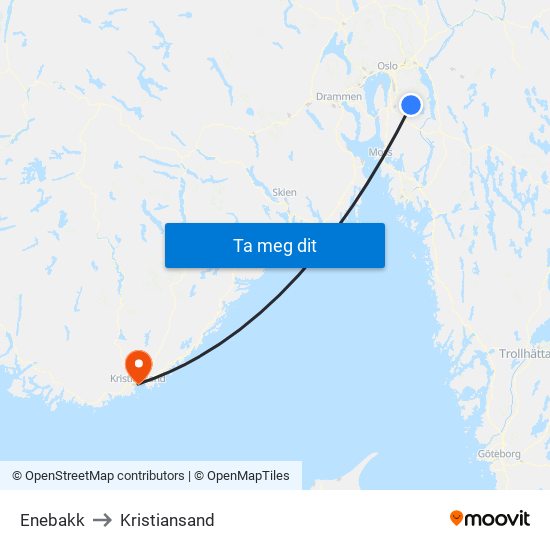 Enebakk to Kristiansand map